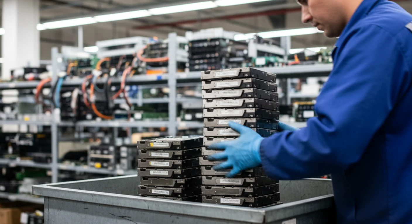 Technician with nitrile gloves loading hard drives into a certified destruction bin