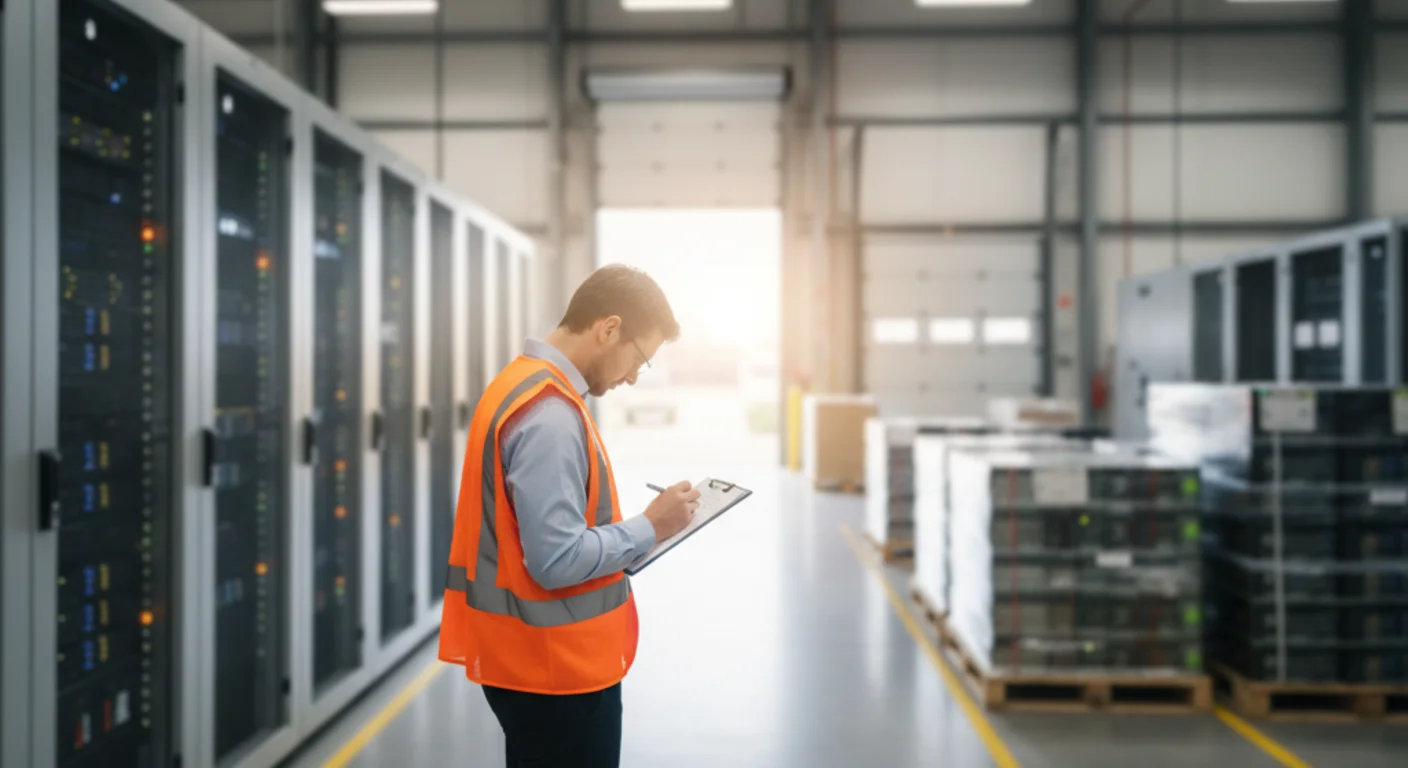 IT asset manager in hi-vis vest auditing server equipment in a warehouse